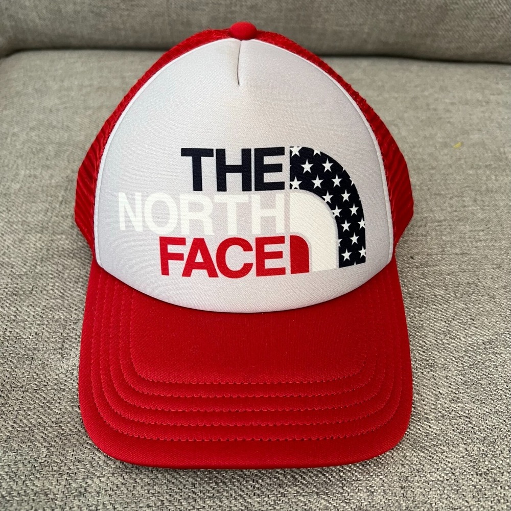 THE NORTH FACE Red White Stars Stripes Flag Mesh Snap Back Trucker Hat Cap